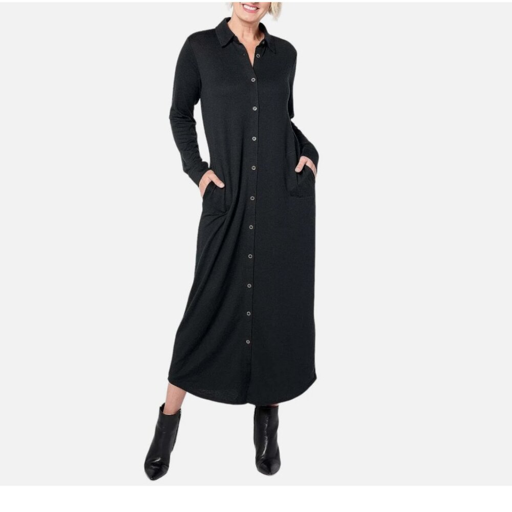 Denim & Co. Heavenly Jersey Petite Long Slv Button-Front Shirt Dress - Black-3XP